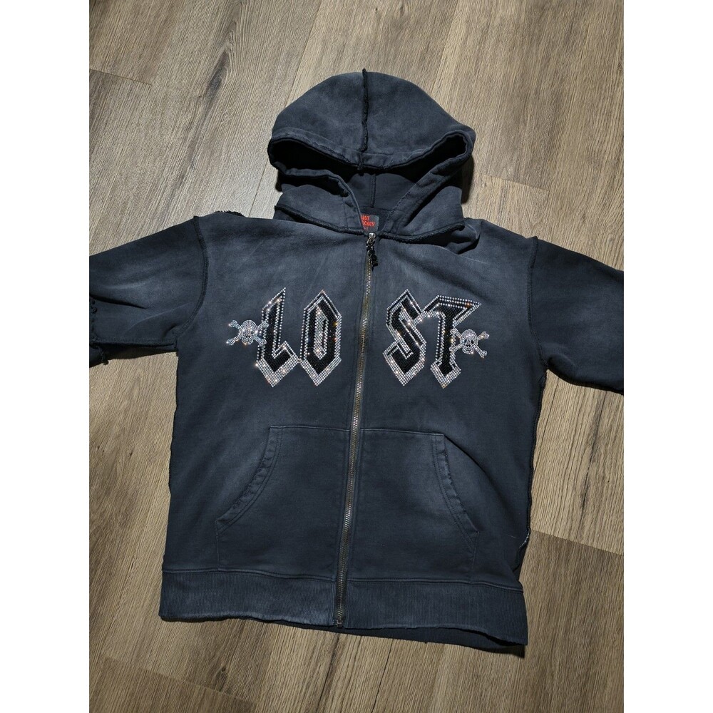 Lost Intricacy Rhinestone Full Zip Hoodie Faded Black Mens small Y2K Streetwear